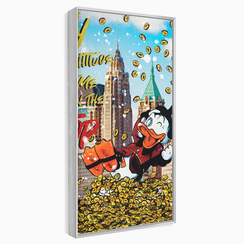 Tablou canvas cu tablou canvas cu scrooge mcduck pe munte de bani, in rama de aluminiu argintiu